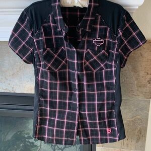 Harley-Davidson Black Plaid Button-Up with Pink Grid